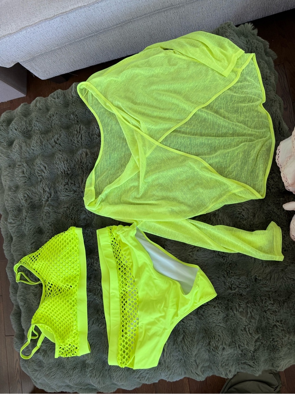 Neon Yellow Green Mesh XL Bikini Set with Sheer Oversized Large Cover-Up Shirt
